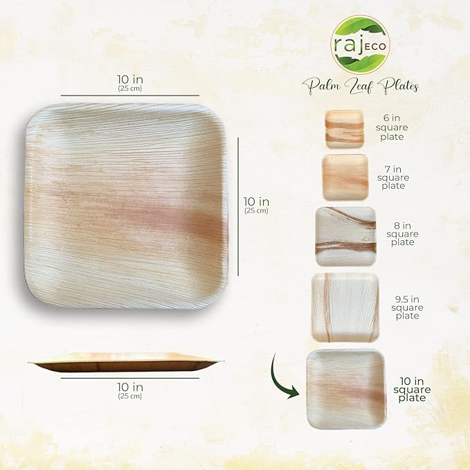 Raj Palm Leaf Plates [50-Pack] 10" Square Plates like Bamboo plates Disposable, Strong, Decorative Compostable Tableware for wedding, Lunch, Dinner, Birthday, Camping, Outdoor BBQ, Picnic…