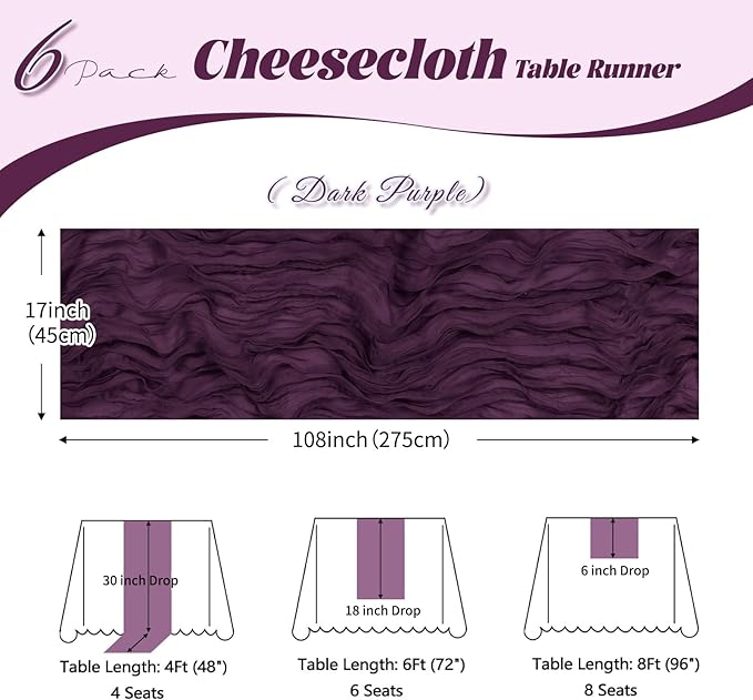 6 Pack Dark Purple Cheesecloth Table Runner, 17 x 108 inch, Semi Sheer Boho - Image 3