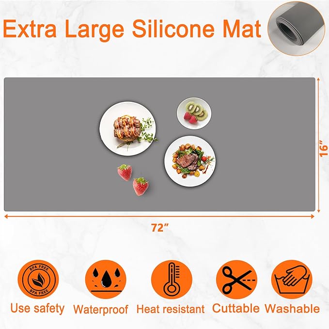 72''x16'' Extra Large Silicone Mat for Kitchen Counter, Heat Resistant Countertop Protector, Non-Slip Waterproof Kitchen Island Mat, Easy to Clean, Dark Gray