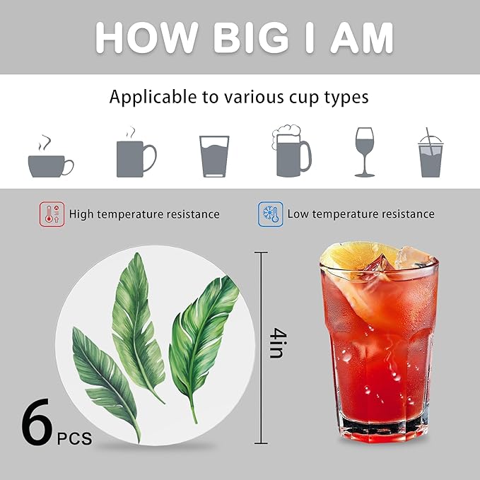 Coasters for Drinks Absorbent with Holder,Green Leaves Sets of 6 Durable Cup Coaster for Coffee Table Protection,Great Housewarming Birthday Gifts,Home Decor