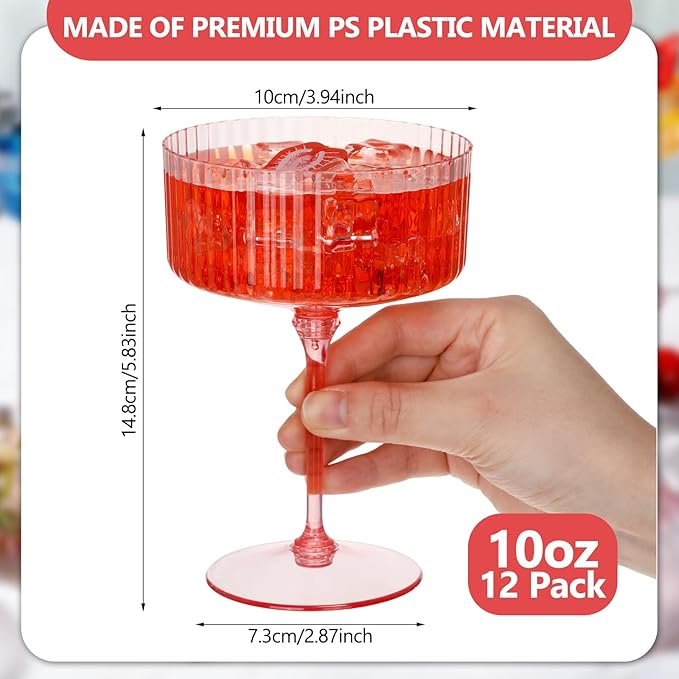 12 Pcs Ribbed Martini Glasses 10 oz Disposable Plastic Vintage Ribbed Coupe Glasses Unbreakable Dessert Parfait Glassware for Wedding Birthday Party Supplies (Pink)