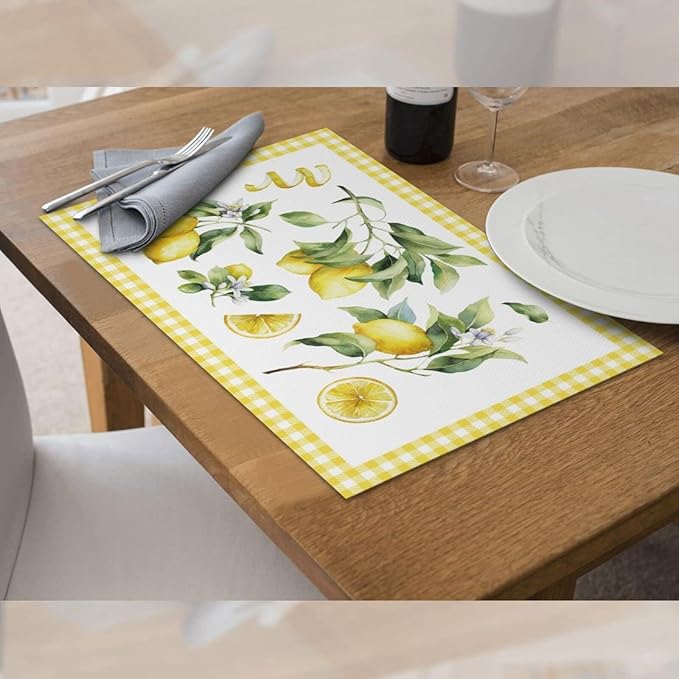Lemon Placemats Set of 4 Washable Table Place Mats for Dining Kitchen Party Decor