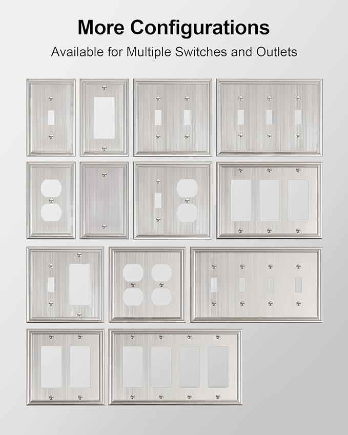 6-Pack Decorator Outlet Cover Plate, Brushed Nickel Decorative Switch Plates and Outlet Covers, Durable Zinc Alloy Wall Plates for Electrical Outlets, Receptacle, GFCI Outlet, Dimmer Switch