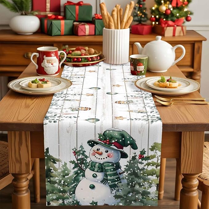 Christmas Snowman Table Runner 36 Inches Long, Xmas Trees Eucalyptus Leaves - Image 5