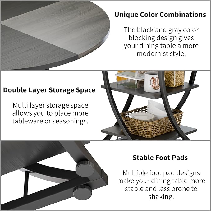 Round Dining Table for 4-6, 47 inch Circle Kitchen Table with 2-Layer Storage Shelf, Modern Wood Dinner Table with Heavy Duty Pedestal for Dining Room, Farmhouse, Living Room, Kitchen, Black & Grey