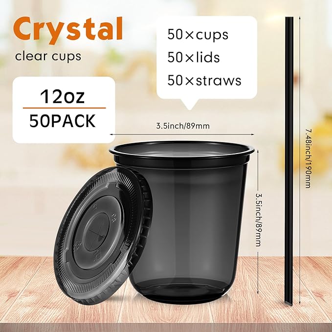 50 Sets Clear Plastic Cups with Lids and Straws, Disposable Iced Coffee Cups Drinking PET for Cold Drinks, Juice, Smoothie, Coffee Shops, Party, Christmas (Black,12 oz)