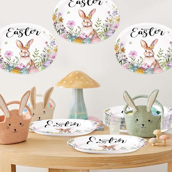 50PCS Easter Oval Paper Plates Easter Decorations 10" X 12" Large Easter Bunny Paper Plates Disposable Easter Party Plates Bunny Egg Flowers Tableware for Spring Easter Holiday Party Supplies
