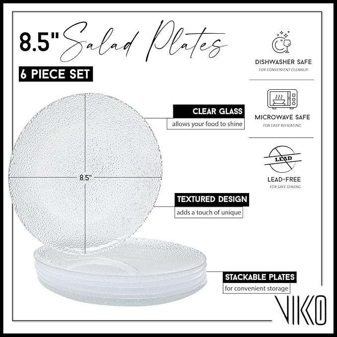 Vikko Salad Plate, Set of 6 Glass Plates, 8.5 Inch Dessert, Salad, Appetizer Plate, Elegant Textured Glass Design, Plates Set For Special Occasion, Dishwasher Safe