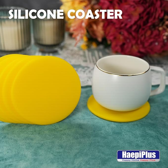 6 Pieces Silicone Coasters, Round Shape Hot Cup Mat for Drinks, Heat Resistant Glass Cushion, Coffee Coaster for Table, Desk, Kitchen, Office, Bar Protection (Yellow)