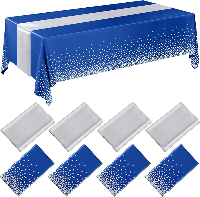 Breling 8 Pack Navy Blue and Silver Disposable Plastic Tablecloths and Satin Table Runner, 54 x 108 Inch Tablecloth, 12 x 108 Inch Table Runners for Wedding Graduation Birthday Baby Shower New Year