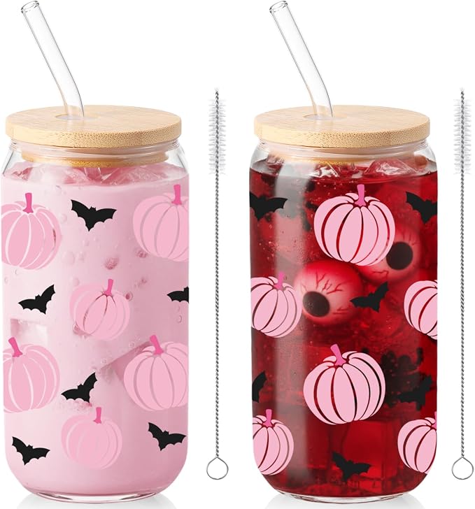 Sliner 2 Pcs Halloween Glass Cups Pink Pumpkin Bat Drinking Tumbler Fall by Sliner