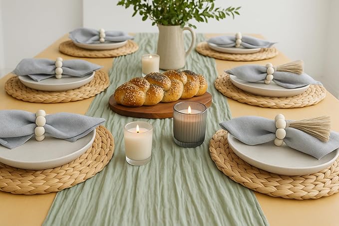 Round Woven Placemats Set of 6 (15 Inch) with Napkin Rings & Canvas Bag – Water Hyacinth Boho Farmhouse Table Mats, Heat Resistant Natural Wicker Chargers for Dining Table Decor by DECHUSE