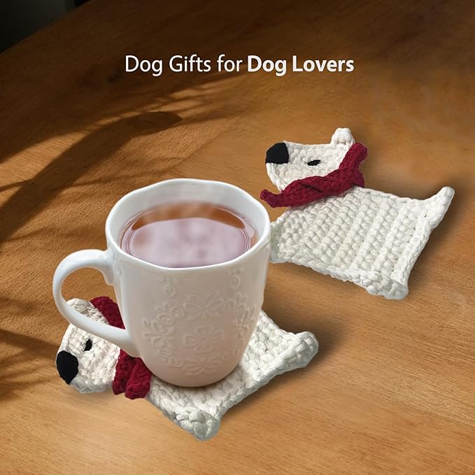 UMIRRO Handwoven Drink Coasters for Coffee Table, Gifts for Dog Lovers, Cute Home Kitchen Decor for Room, Dog Themed Birthday Party Decorations - White Puppy with Red Scarf, Set of 2