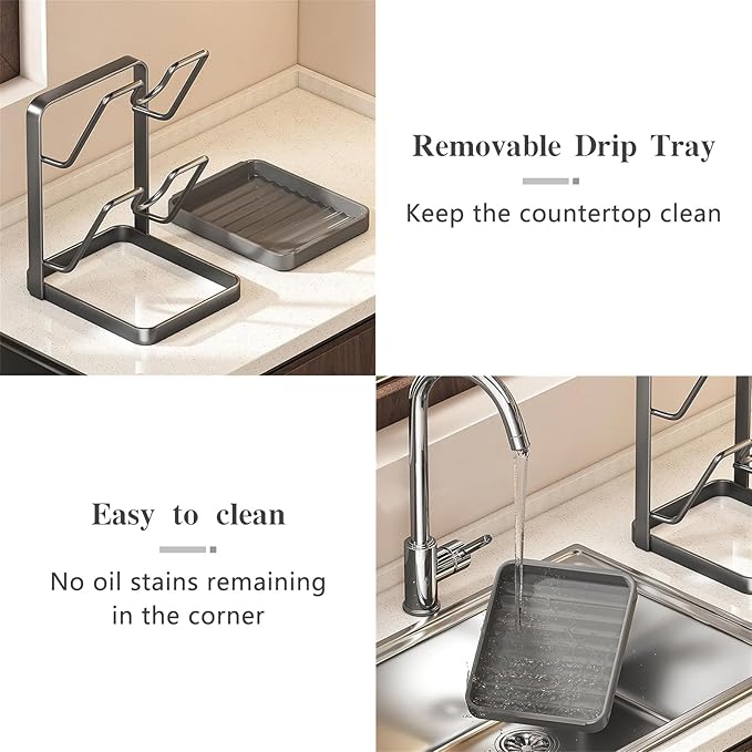 OJJ 2026 Upgraded Kitchen Pot Lid Storage Rack,Rust Resistant Kitchen Organizer for Various Lids & Utensils, With Removable Drip Tray,For Countertop Space-Saving Lid Rack(Double Layer-Gray)