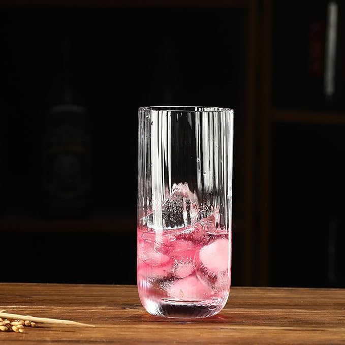 Collins Glasses Set of 6,Highball Glass Set, 15.3 oz, Clear Ribbed Design for Water, Cocktails, Mojito