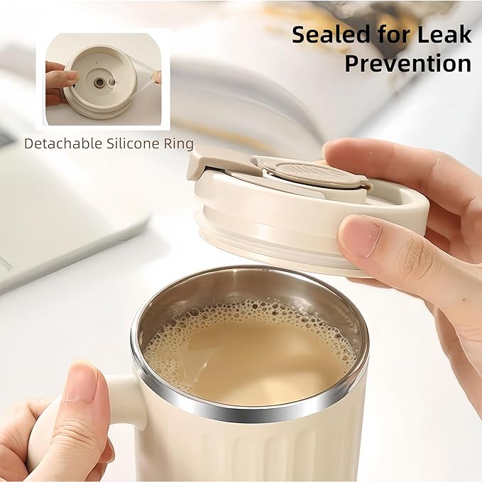 16oz Insulated Coffee Mugs - Ideal for Indoor Office Use. Features SUS 304 Inner, Double Wall Insulation, Detachable Silicone Ring. 3 Drinking Options. Available in White, Brown, Pink (khaki)