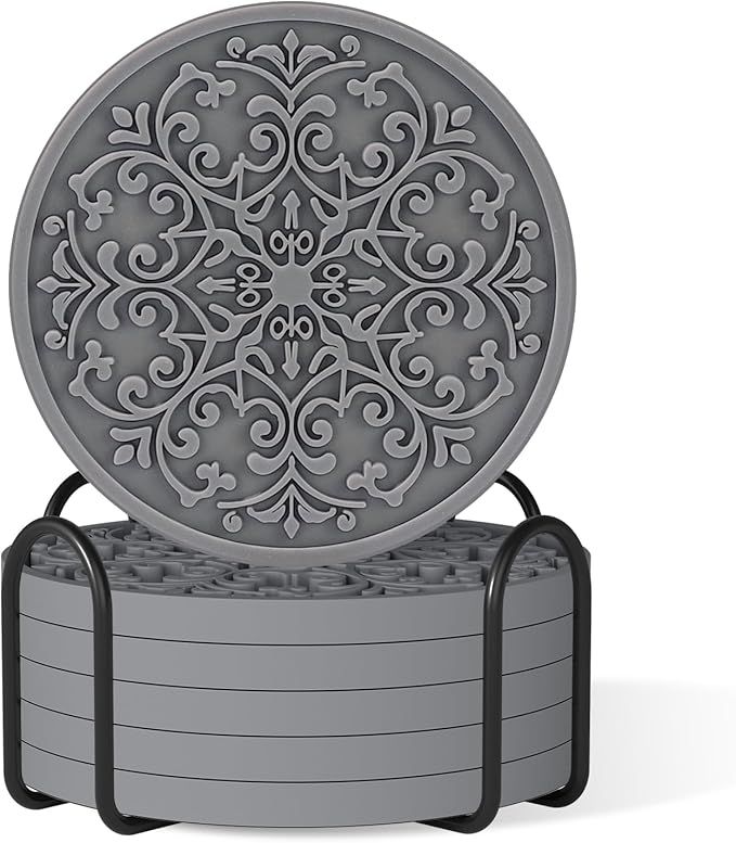 Drink Coasters, Coasters Set of 6 for Cup with Holder, Non-Slip Silicone Cup Mats for Hot and Cold Drinks, Cute Absorbent Coffee Bar Accessories Table Decor, Grey