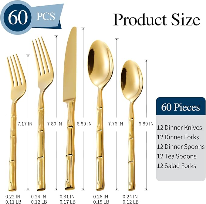 Gold Silverware Set 60-Piece Bamboo Pattern Service - Image 2