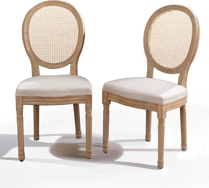 SoarFlash French Dining Chairs Set of 2, Vantage Dining Chair with Round Back, Wood Leg Farmhouse Country Rattan Dining Chair for Kitchen,Bedroom,Beige