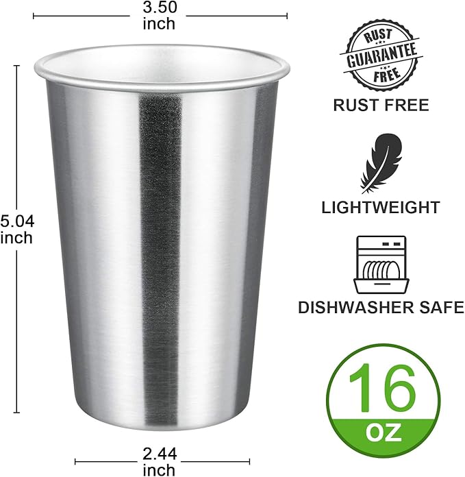 MEWAY Premium Stainless Steel Cups 16 oz Pint Cup Tumbler (8 Pack) - Premium Metal Cups - Stackable Durable Cup，Chilling Beer Glasses, for Travel, Outdoor, Camping, Everyday