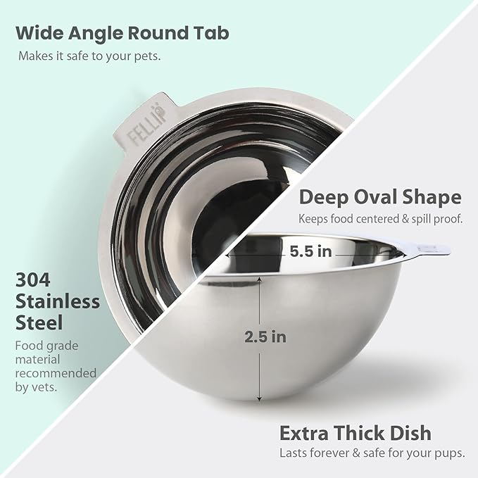 Felli Pet Oblik Acrylic Raised Dog Food Water Bowl Stainless Steel Slanted Oval Dish for Short Leg Puppy & Small Medium Pet, Elevated Tilted Metal Feeder (Classic, 1.5 Cups Oval Dish)