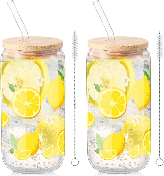 Sliner 2 Pcs Lemon Glass Cups Summer Drinking Tumbler 16 oz Iced Coffee Cup by Sliner