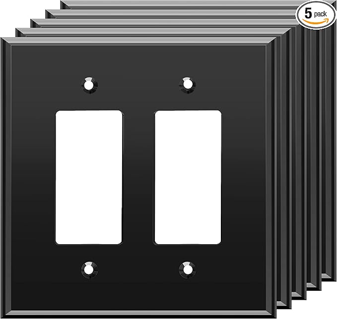 LIDER Double Decorator Wall Plate, Impact Resistant, Mirrored, Plexiglass Dual Outlet Cover or Light Switch Cover, Acrylic, Reflective Finish, Modern, Oversized 2-Gang 5.25" x 5.25", Black, 5 Pack