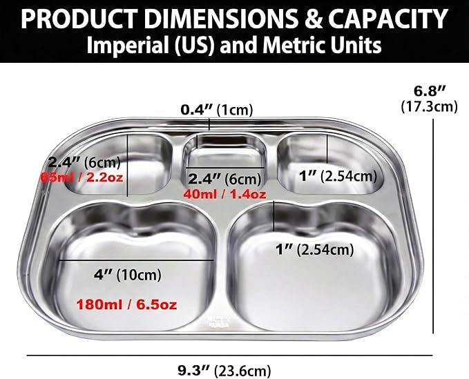 Korean Stainless Steel Divided Plates for Toddlers, Kids, Babies, Premium 304, Electro-Polished, No Black Residue, BPA-Free, 5-Compartment Food Tray, Camping, Picky Eaters, Set of 2