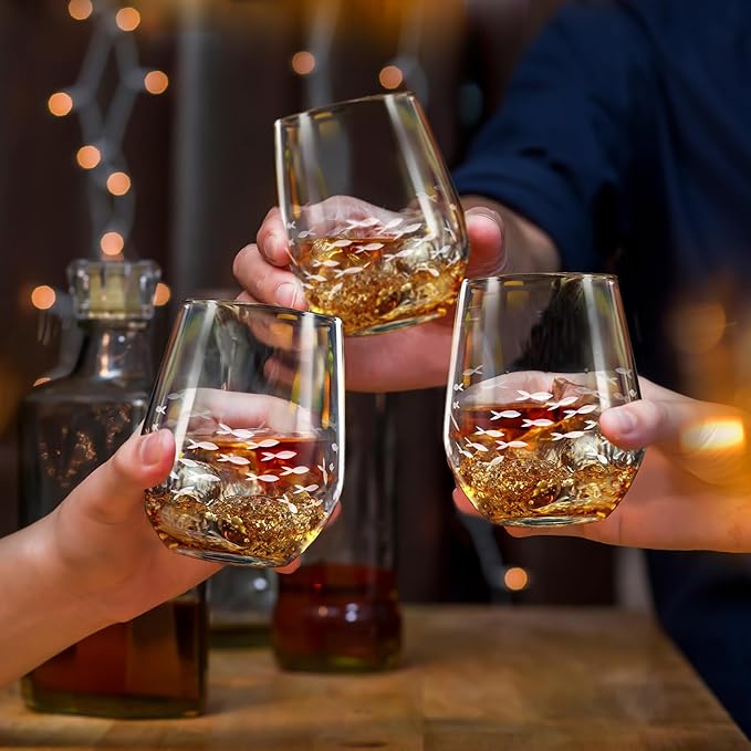 Joeyan Etched Stemless Wine Glasses,Hand Blown Drinking Glass Cups Wine Tumbler with Fish School Patterns,Carved Large Cocktail Whiskey Glasses,Gift for Party Wedding,17.5 oz,Dishwasher Safe