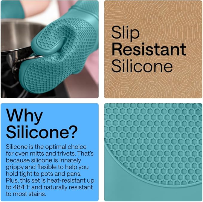 GORILLA GRIP BPA-Free Soft Silicone Oven Mitts and Pot Holders Sets, Heat Resistant Waterproof Cooking Gloves, Thick Cotton Lining, Flexible Gripping for Baking Grilling, Kitchen Trivets, Turquoise