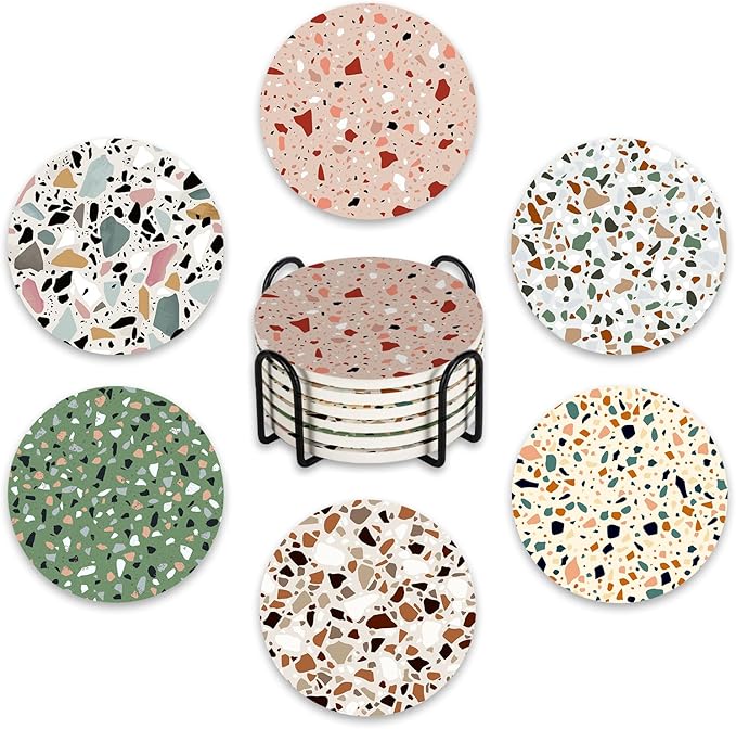 Terrazzo Ceramic Coasters with Holder Set of 6, Colorful Modern Art Absorbent Drink Cup Mat for Coffee Table Protection, 4 Inches Minimalist Artistic Home Kitchen Decor Housewarming Gifts