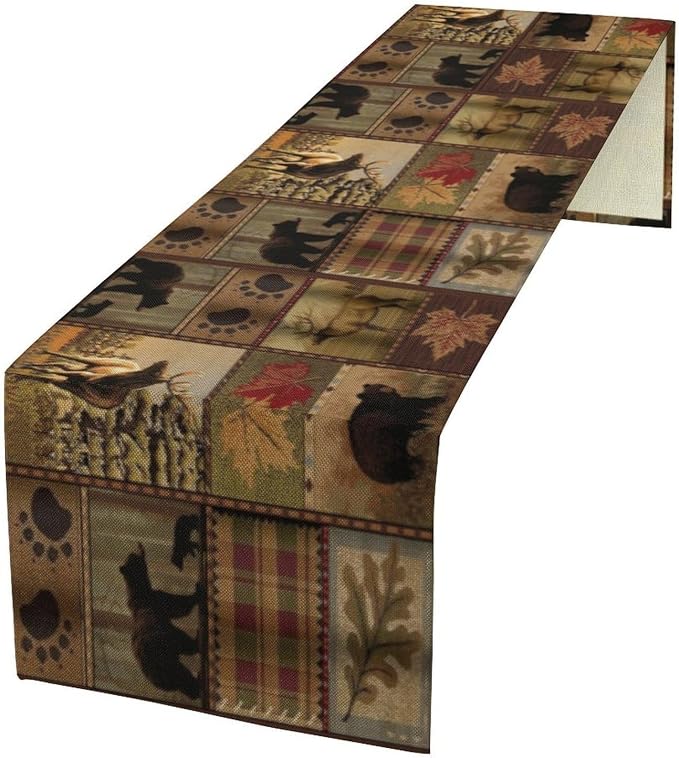 Rustic Moose Deer Bear Table Runner, Retro Vintage Bear Cottage Country Style by SXXLDNG