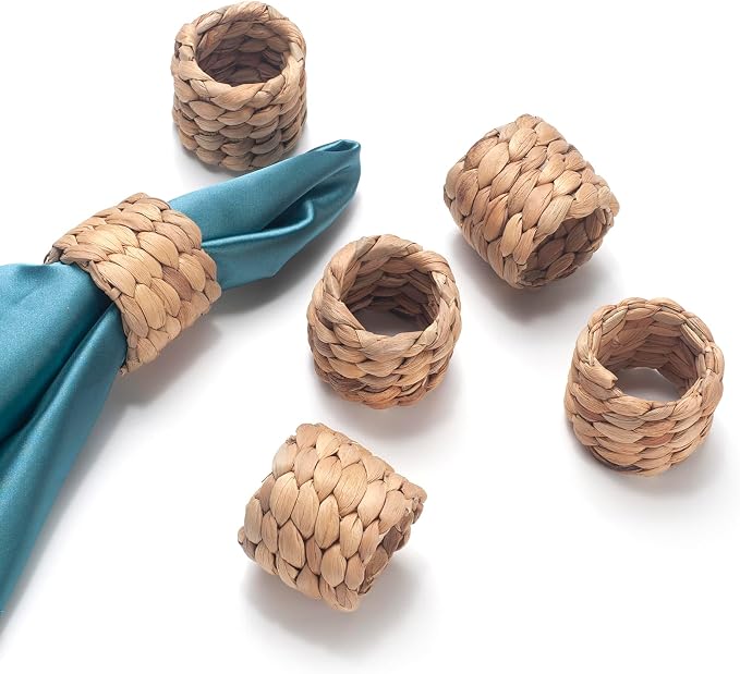 Napkin Rings Set of 6, Handmade Water Hyacinth Boho Napkin Rings, Rustic by YANGQIHOME