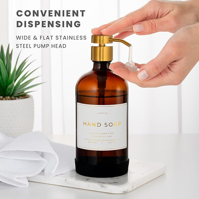 Hand and Dish Soap Dispenser for Kitchen and Bathroom, Set of 2 16 Oz Glass Bottles, Stainless Steel Pumps, Non-Slip Silicone Base, 27 Waterproof Labels (Amber Bottle/Brushed Gold Pump)