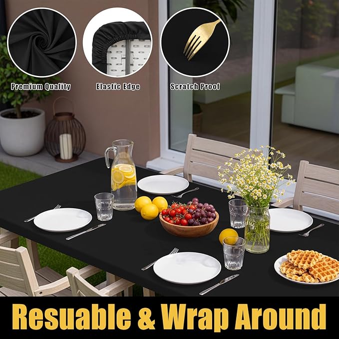 Smiry Rectangle Picnic Table Cloth, Waterproof Elastic Fitted Tablecloths for 6 Foot Tables, Washable Polyester Table Cover for Camping, Indoor and Outdoor (Black, 36"x72")