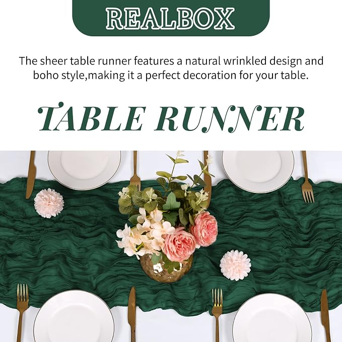 3 Pack Emerald Green Cheesecloth Table Runner 17x108 Inch Semi Sheer Boho Gauze - Image 4