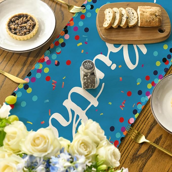 Artoid Mode Polka Dot Blue Happy Birthday Table Runner, Seasonal Winter Kitchen - Image 4