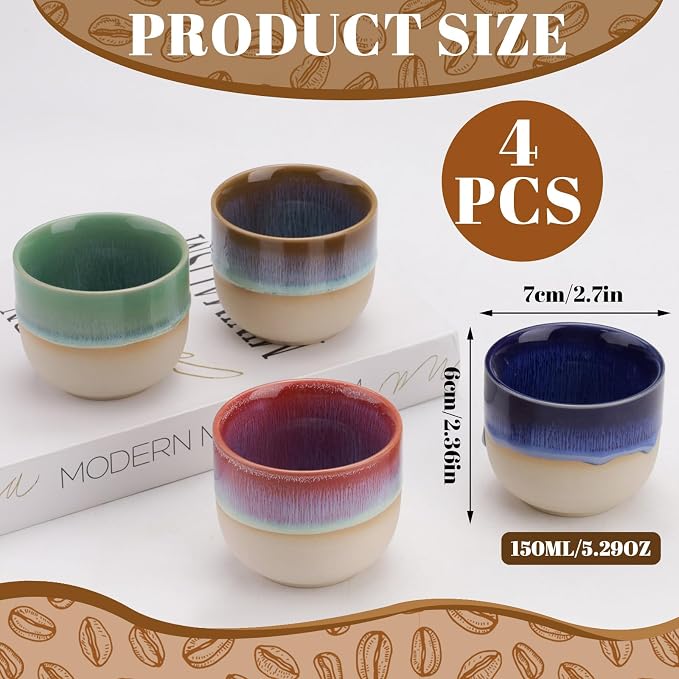 4 Pieces Handleless Porcelain Espresso Cups Set, 5 Oz Porcelain Espresso Mugs - Image 2