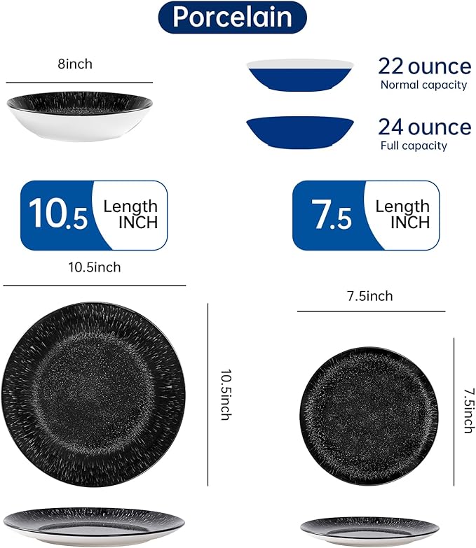 Bestone 12-Piece Round Porcelain Dinnerware Set, Service for 4, Chip Resistant Plates and Bowls,Black, Dishwasher & Microwave Safe for Home Daily Use