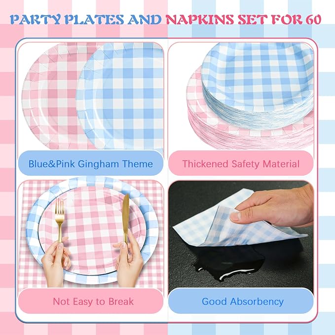 180Pcs Pink Blue Gingham Party Supplies Paper Plates and Napkins Serve 60 | - Image 3