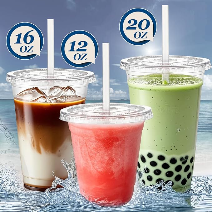 Charmount 50 Sets 16 oz Plastic Cups with Lids and Straws, Disposable Cups for Iced Coffee, Smoothie, Milkshake, Cold Drinks - Clear