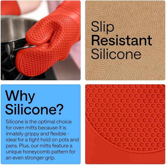 GORILLA GRIP BPA-Free Soft Silicone Oven Mitts, 14.5x8.3, Heat Resistant and Waterproof Cooking Gloves, Thick Cotton Lining, Flexible Gripping for Baking Grilling, Kitchen Potholders Set of 2, Coral