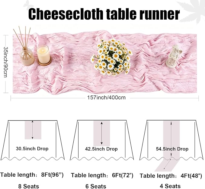 Light Pink Cheesecloth Table Runner 35 x 157 Inch Boho Gauze Table Runner - Image 2