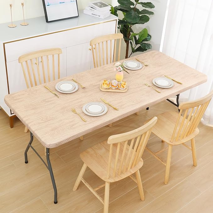 Smiry Rectangle Table Cloth Cover, Waterproof Elastic Fitted Picnic Tablecloth for 5 Foot Tables, Wipeable Flannel Backed Vinyl Tablecloths for Camping, Dining, Outdoor (Beige Wood, 30" x 60")