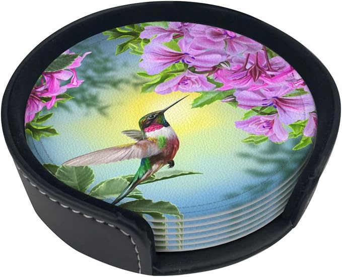 6 Pcs Hummingbirds and Brilliant Flowers Nature Landscape Leather Coasters - Image 5