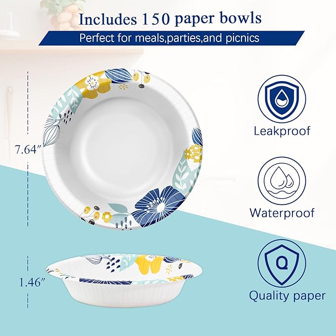 150 Packs Paper Bowls, 20 oz Disposable Bowls, Heavy Duty Paper Bowl for Hot Soup and Salad, Bulk Bowls for Party and Picnics