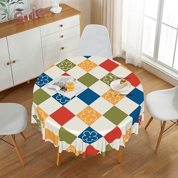 Laeacco 48 Inch Plaid Round Tablecloth Colorful Buffalo Plaid Flower Modern Geometric Abstract Art Print Table Cloth Washable Waterproof Wrinkle Free Table Cover for Kitchen Dining Picnic Party Decor