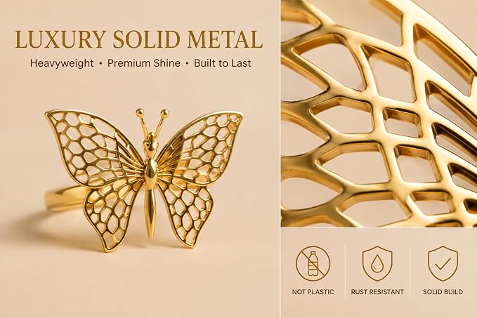 Gold Napkin Rings Set of 12 – Butterfly Design – Decorative Napkin Rings Gold - Image 4
