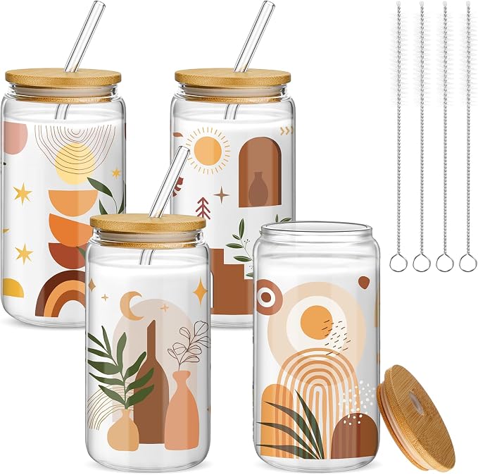 Mumufy 4 Pack Wildflower Glass Cups Gift Aesthetic Cute Glass Cup Tumbler by Mumufy