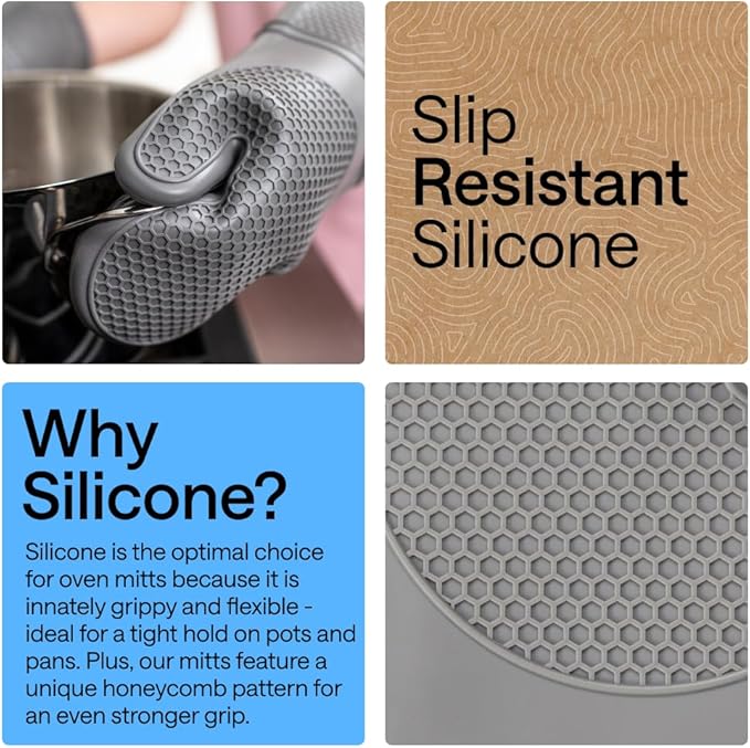 GORILLA GRIP BPA-Free Soft Silicone Oven Mitts, Heat Resistant and Waterproof Cooking Gloves, Thick Cotton Lining, Flexible Gripping for Baking Grilling, Kitchen Potholders Set of 2, 12.5x8.3, Gray